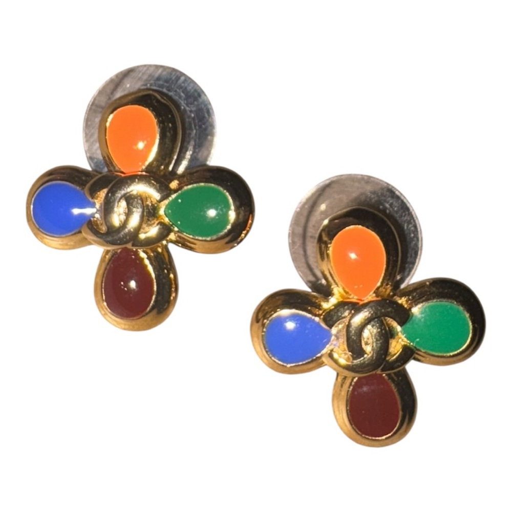 Chanel Vintage CC Clover Earrings Multicolor Cabochon Gold France J42 - Picture 3 of 6